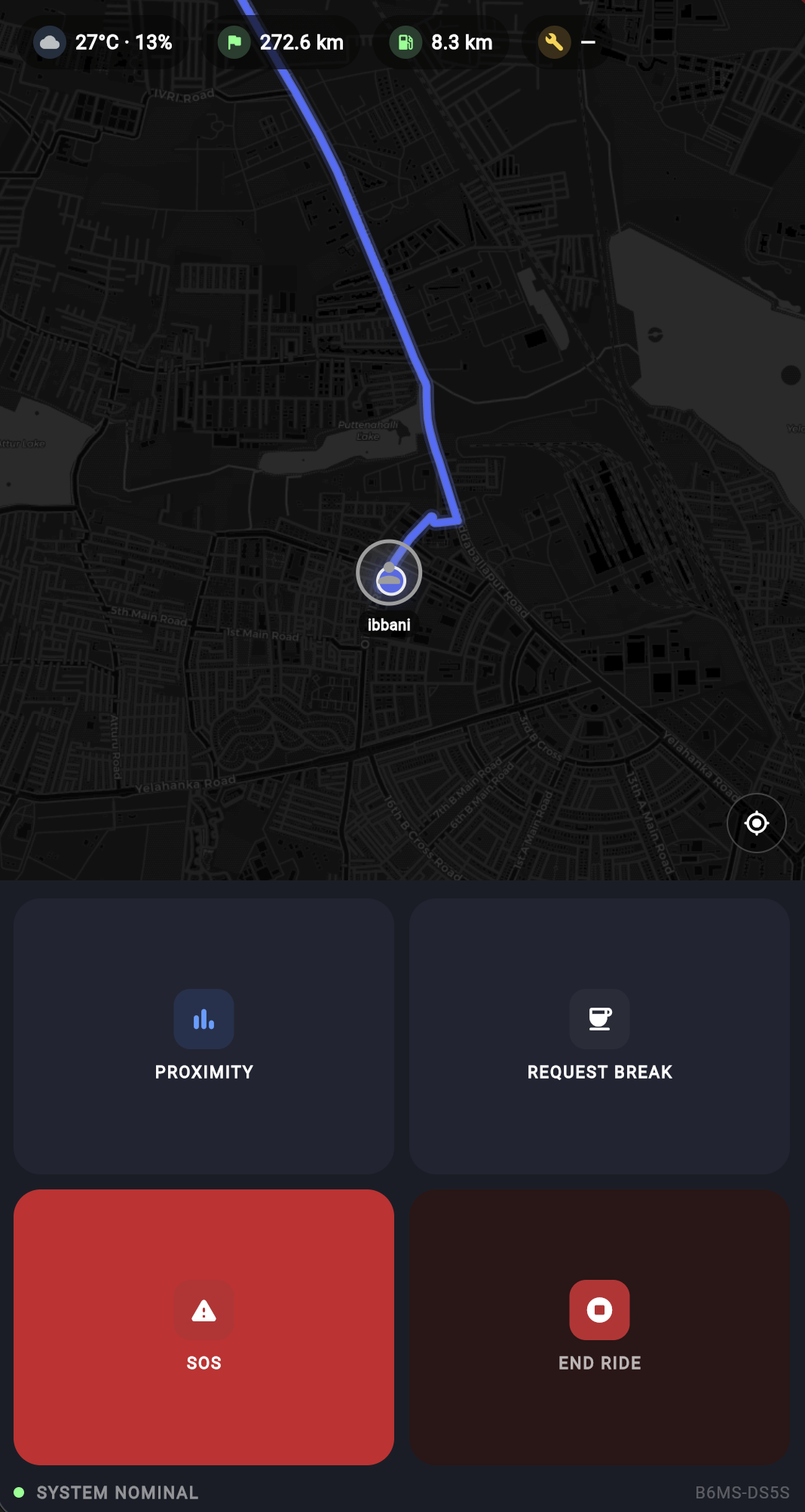 Live ride screen: map with the group's position, plus Proximity, Request Break, SOS, and End Ride action cards.
