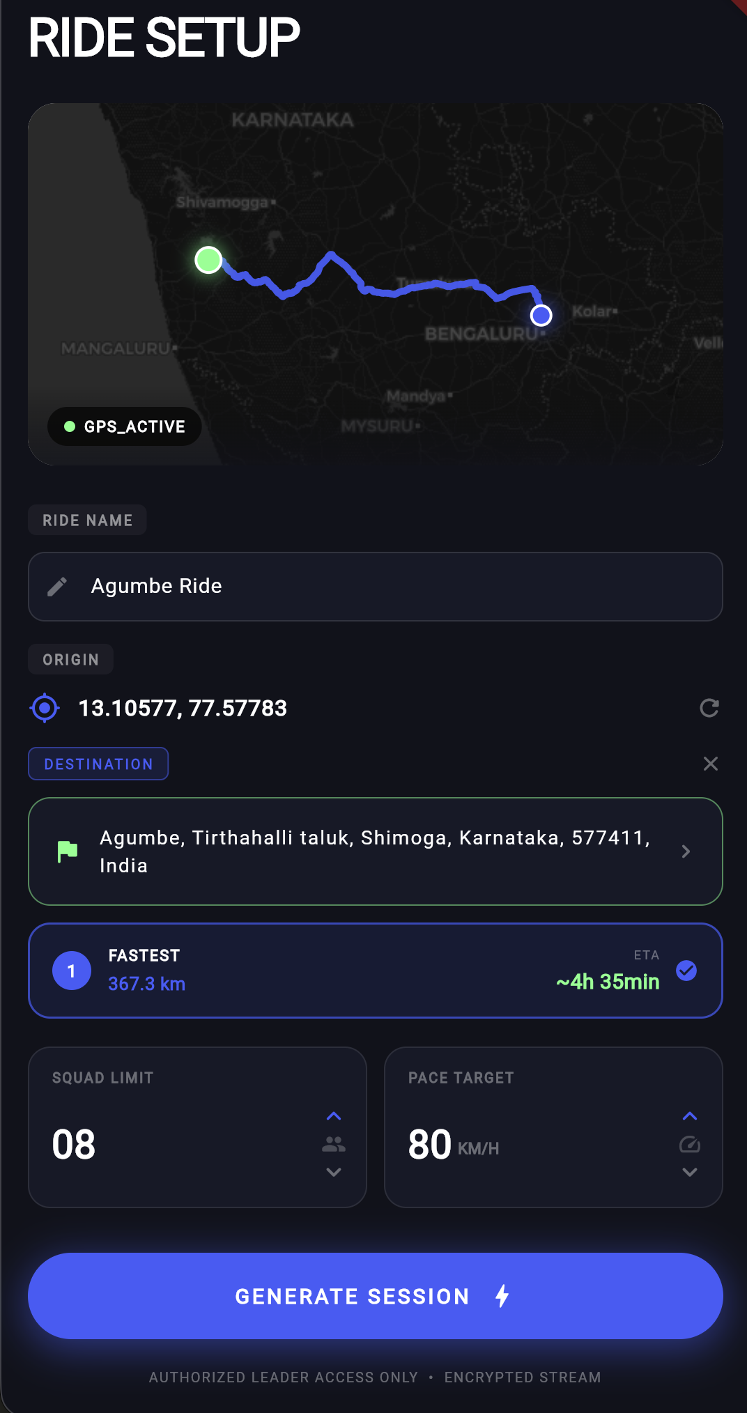 Ride setup screen showing route preview from Agumbe, destination, squad limit and pace target.