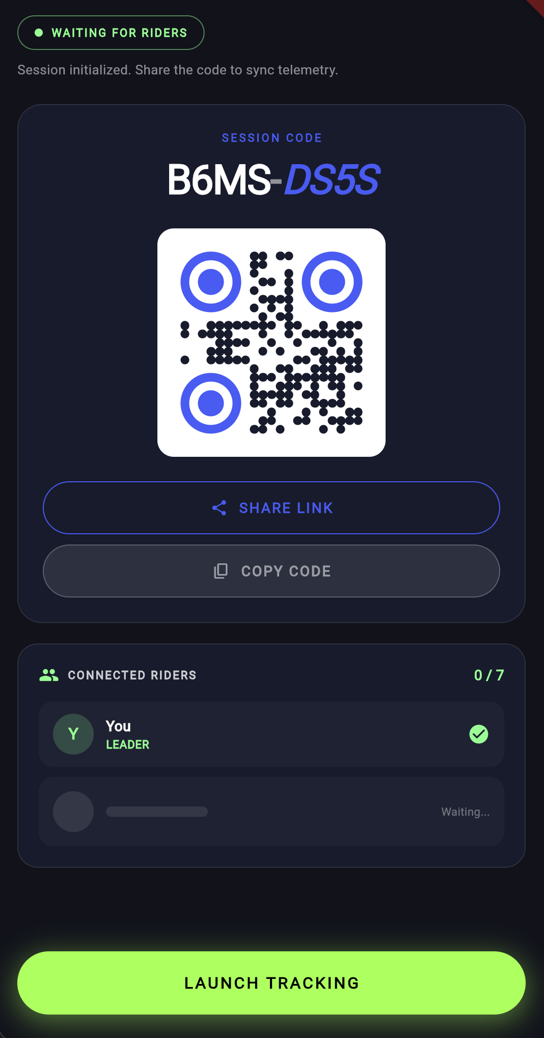 Session share screen with QR code, session code B6MS-DS5S, and connected riders list.